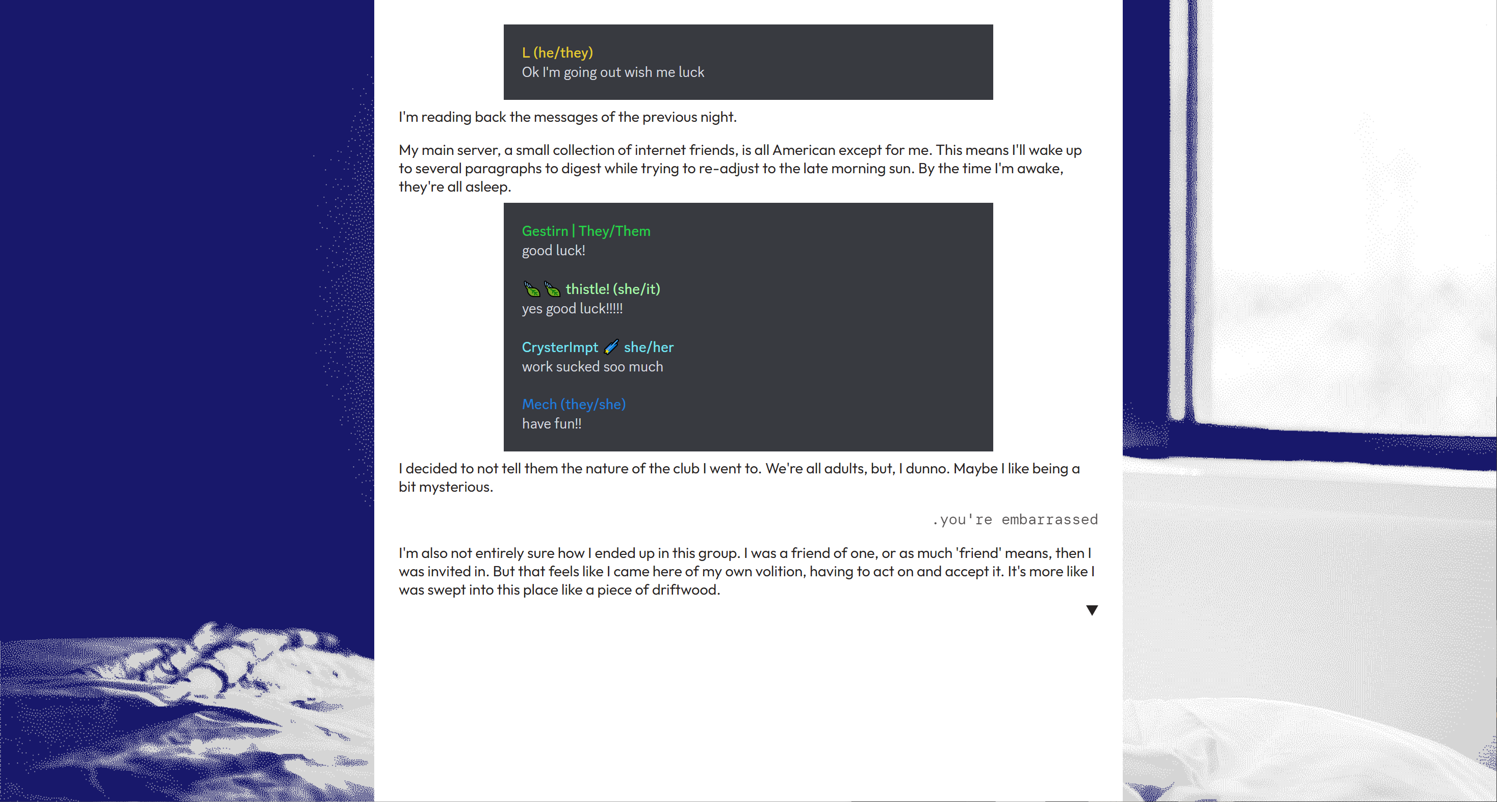 A screenshot from LATEX, LEATHER, LIPSTICK, LOVE, LUST, showing a screen with text, some formatted to look like a Discord chat log.