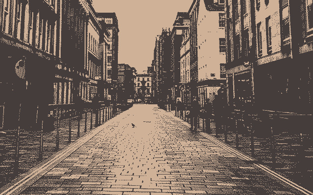 The highstreet image, dithered with 2 colours, beige and dark brown.