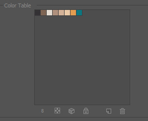 The colour table, showing eight colours. Six of them are various shades of brown, one is yellow, and one is blue.