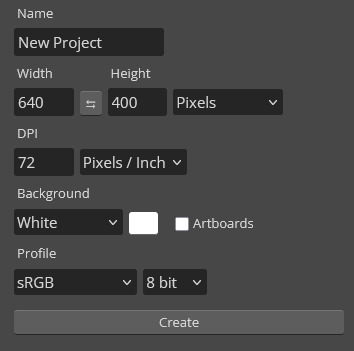 The new project screen on Photopea, with the settings mentioned above.