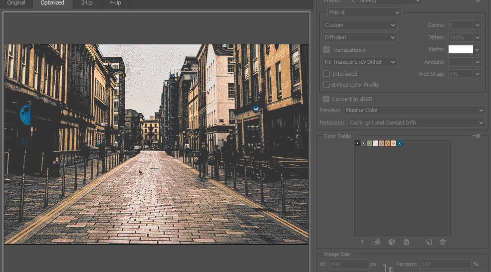 The same image as before, using eight colours from the same colour table.