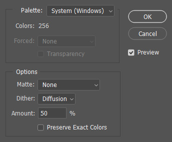 The Indexed Colour menu in Photoshop. Relevant settings will be described below.