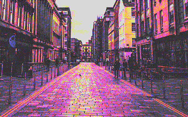 The highstreet image, using the ZX Spectrum palette and pattern dithering.