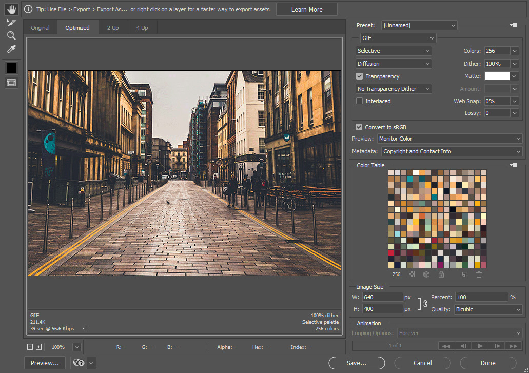 The Export for Web screen in Photoshop, with the to-be exported images on the left, and settings on the right. Relevant settings will be described below.